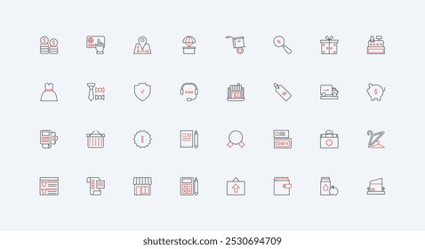 Orders and delivery from online retail store via mobile app line icon set. select and buy new dress, discount coupons offer, one click payment thin black and red outline symbols vector illustration