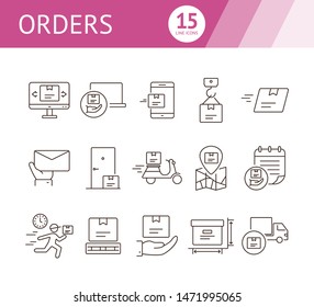 Orders icons. Set of line icons. Mobile parcel, delivery scooter, delivery location. Delivery concept. Vector illustration can be used for topics like shopping, service, post office