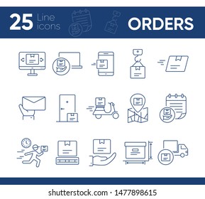 Orders icons. Set of line icons. Mobile parcel, delivery scooter, delivery location. Delivery concept. Vector illustration can be used for topics like shopping, service, post office