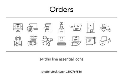 Orders icons. Set of line icons. Mobile parcel, delivery scooter, delivery location. Delivery concept. Vector illustration can be used for topics like shopping, service, post office
