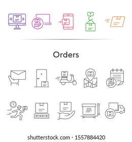 Orders icons. Set of line icons. Mobile parcel, delivery scooter, delivery location. Delivery concept. Vector illustration can be used for topics like shopping, service, post office