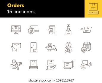 Orders icons. Set of line icons. Mobile parcel, delivery scooter, delivery location. Delivery concept. Vector illustration can be used for topics like shopping, service, post office