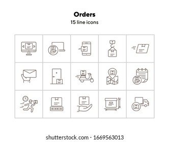 Bestellt Symbole. Satz von Zeilensymbolen. Mobiles Paket, Lieferwagen, Lieferort.Lieferkonzept Vektorillustration-Illustration kann für Themen wie Einkauf, Service, Post verwendet werden