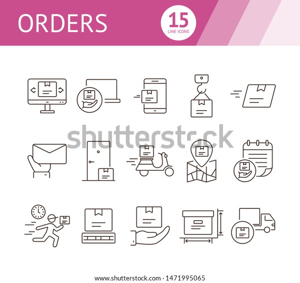 Orders icons.
Set of line icons. Mobile parcel, delivery scooter, delivery
location. Delivery concept. Vector illustration can be used for
topics like shopping, service, post
office