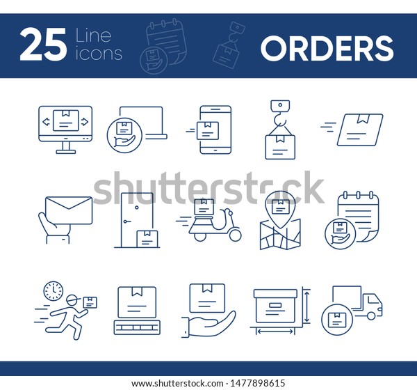 Orders icons.
Set of line icons. Mobile parcel, delivery scooter, delivery
location. Delivery concept. Vector illustration can be used for
topics like shopping, service, post
office