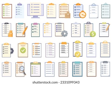 Orders list icons set cartoon vector. Shop grocery. Basket research