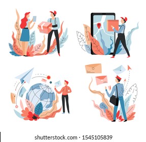 Orders and mail delivery isolated icons, shipping or transportation vector. Post and internet shopping, deliverer or mailman and customer. Mobile app with map, parcels and envelopes, worldwide service