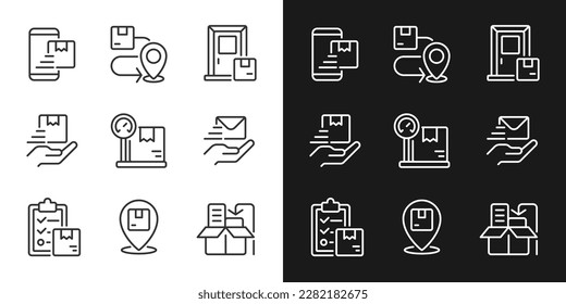 Orders management pixel perfect white linear icon for dark themes set for dark, light mode. Delivery services. Thin line symbols for night, day theme. Isolated illustrations. Editable stroke