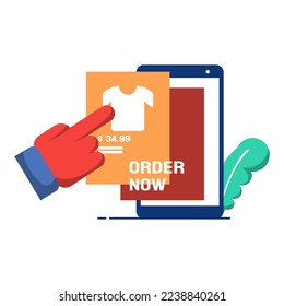 orders online app flat illustration, concept character of a hand pointing at a shirt on a smartphone screen. suitable for web and mobile app design