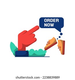 orders online now flat illustration, character concept of hand pointing icon order now sports shoes. suitable for web and mobile app design