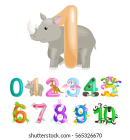 ordinal number 1 for teaching children counting one rhino with the ability to calculate amount animals abc alphabet kindergarten books or elementary school posters collection vector illustration