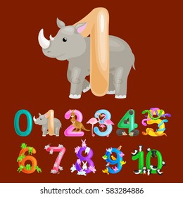 ordinal number 1 for teaching children counting one rhino with the ability to calculate amount animals abc alphabet kindergarten books or elementary school posters collection vector illustration