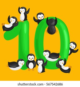 ordinal number 10 for teaching children counting ten penguins with the ability to calculate amount animals abc alphabet kindergarten books or elementary school posters collection vector illustration