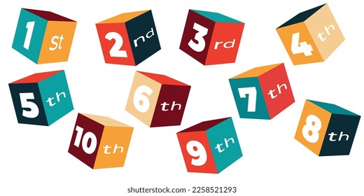 Ordinal numbers from 1 to 10 in colorful cubes. Vector art illustration