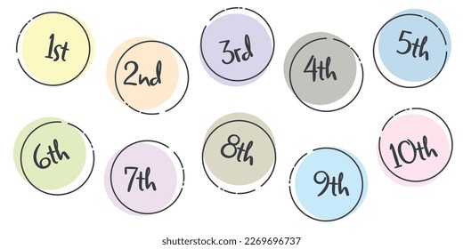 Ordinal numbers from 1 to 10 in colorful circles with frame. Vector art illustration