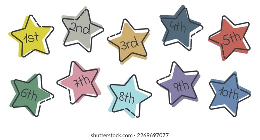 Ordinal numbers from 1 to 10 in colorful stars. Vector art illustration