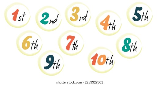 Ordinal numbers from 1 to 10 in different colors in a round frame. Vector art illustration