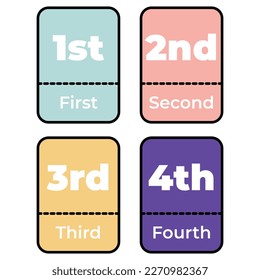 Ordinal numbers from 1 to 4 colored flashcard, material in English. Vector illustration