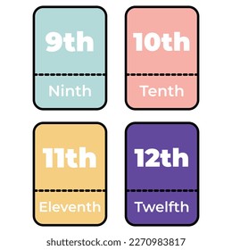 Ordinal numbers from 9 to 12 colored flashcard, material in English. Vector illustration