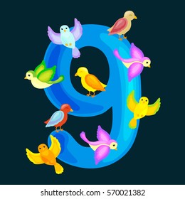 ordinal numbers 9 for teaching children counting nine birdies with the ability to calculate amount animals abc alphabet kindergarten books or elementary school posters collection vector illustration