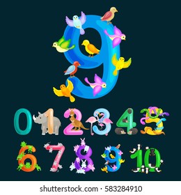 ordinal numbers 9 for teaching children counting nine birdies with the ability to calculate amount animals abc alphabet kindergarten books or elementary school posters collection vector illustration