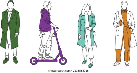 Ordinary City Passers-by: A Guy With Coffee, A Girl In A Trench Coat, A Guy In A Coat And A Guy On An Electric Scooter. Lineart And Bright Colors.