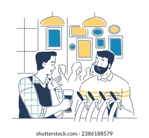 Ordinary day man doodle. Young guy with friend in bar. Routine and leisure. Chatting and discussion. Poster or banner. Cartoon flat vector illustration isolated on white background