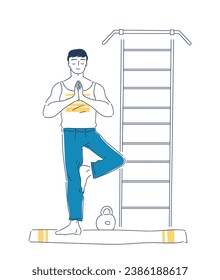 Ordinary day man doodle. Young guy stretching. Routine and leisure. Yoga and sports. Sticker for social networks and messengers. Cartoon flat vector illustration isolated on white background