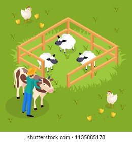 Ordinary farmers life isometric background with cattle and farm animals sheepfold and human character embracing cow vector illustration