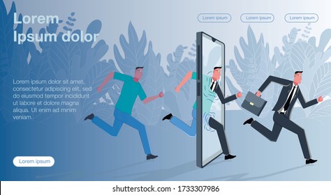 An ordinary guy runs through the phone screen and turns into a successful businessman in a suit and with a case. Business transformation. Business Vector Concept Illustrator