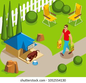 Ordinary life of dog and owner, canine sleep in garden, man with dry feed isometric vector illustration