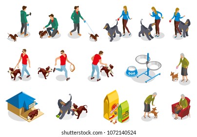 Ordinary life of dog and owner isometric icons with pet training, walking and feeding isolated vector illustration 