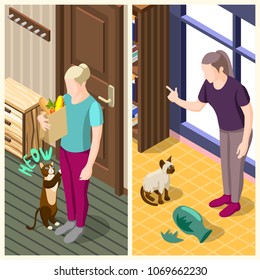 Ordinary life of man and his cat vertical isometric banners with home interior isolated vector illustration  svg