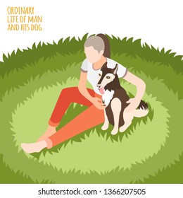 Ordinary life of man and his dog isometric background dog with girl sit on the grass vector illustration