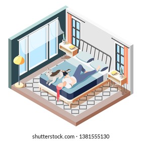 Ordinary life of man and his dog isometric composition recreation time of girl with dog vector illustration