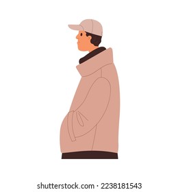 Ordinary man in casual clothes. Average person, sad citizen profile with neutral straight face expression. Male character in cap and jacket. Flat vector illustration isolated on white background
