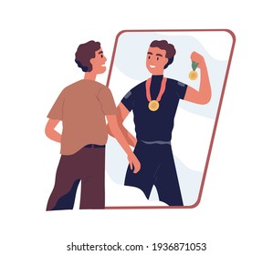 Ordinary man looking at fake mirror reflection and dreaming to be successful strong athlete and sports winner with medals in future. Colored flat vector illustration isolated on white background