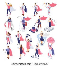 Ordinary people superheroes isometric recolor set with judge scientist pharmacist gardener lawyer repairman wearing cape vector illustration         