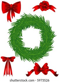 Ordinary pine Christmas chaplet with no decorations on it and 4 different red bows