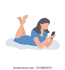 An ordinary young woman uses her smartphone while lying down. Online shopping, communication, studying. Vector illustration in flat style.