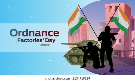 Ordnance Factories’ Day on March 18 business brochure flyer banner design horizontal template vector, cover presentation abstract, modern publication poster and flag-banner.