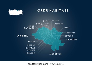 Ordu districts Akkus, Aybasti, Camas, Catalpinar, Caybasi, Fatsa, Golkoy, Gulyali, Gurgentepe, ikizce, Kabatas, Karaduz(Kabaduz), Korgan, Kumru, Mesudiye, Ordu, Persembe, Ulubey, Unye map, Turkey