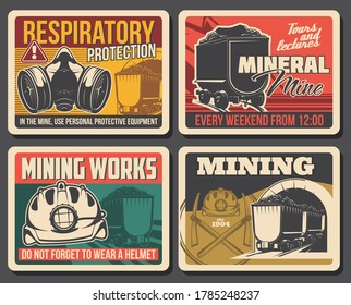 Ore and coal mining poster, mine industry factory and miner equipment, vector. Mining machinery and tools at coal and metal ore deposit quarry, miner wheelbarrow and respiratory protection sign