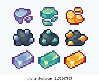 Juego de imágenes de píxeles de depósito de agua, pepitas y barras. Minería, colección de artesanías. Ingredientes minerales de fantasía. Sprite de 8 bits. Desarrollo de juegos, aplicación móvil.  Ilustración vectorial aislada.