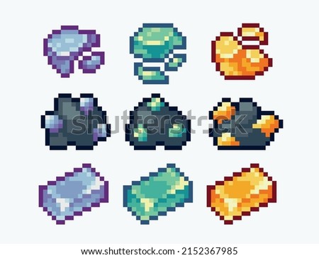 Ore deposit, nugget and bar pixel art set. Mining, crafting collection. Fantasy mineral ingots. 8 bit sprite. Game development, mobile app.  Isolated vector illustration.