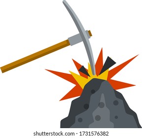 Ore mining. Cartoon flat illustration. Mining industry. Pick and stone. Miner tool. Pile of minerals