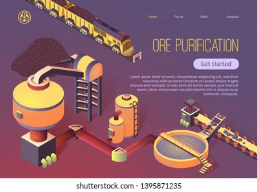 Ore Purification Process at Metallurgy Foundry Isometric Banner. Train with Trolleys, Beneficiation Equipment, Conveyor Belt, Extraction Pool Vector Illustration for Metallurgical Industry Company