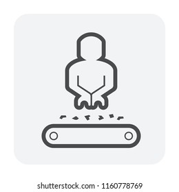 Ore sorting vector icon. Mining processing industry consist of worker, machine, equipment with conveyor belt to transport and carry raw material from quarry i.e. ore, coal and rock to factory plant.