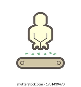 Ore sorting vector icon. Mining processing industry consist of worker, machine, equipment with conveyor belt to transport and carry raw material from quarry i.e. ore, coal and rock to factory plant.