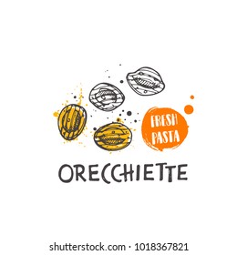 Orecchiette pasta. Italian cuisine. Logo, icon and label for your design. Hand drawn doodle vector illustration. Can be used for menu, cafe, restaurant, bar, poster, shop, food studio, emblem, sticker
